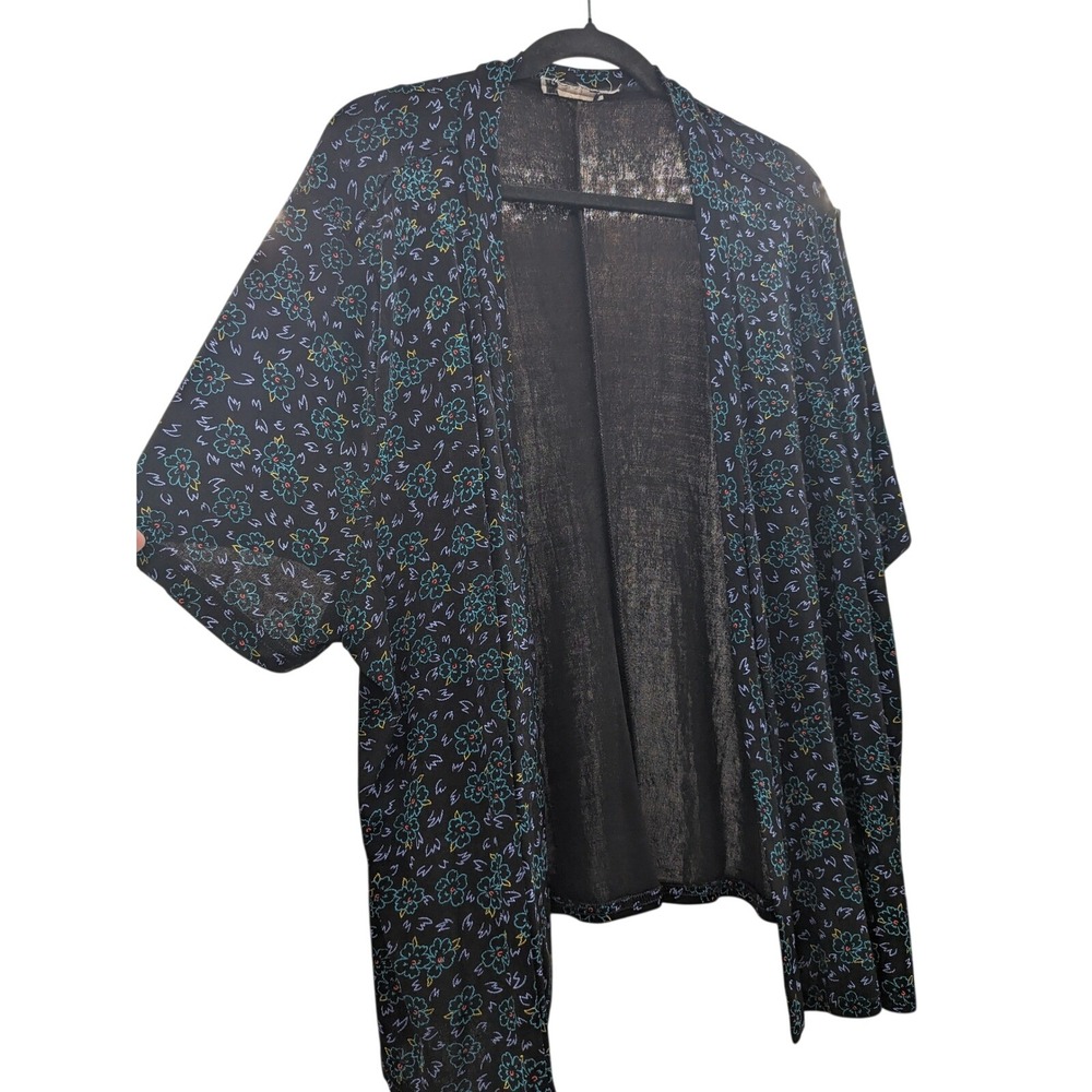 Vintage Whimsigoth Floral Kimono Top Black Teal Purple Open Front Plus 2X-3X